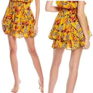 A.L.C. 100% Silk Yellow Pink Floral Tiered Ruffle Elastic Waist Short Skirt Sz 8